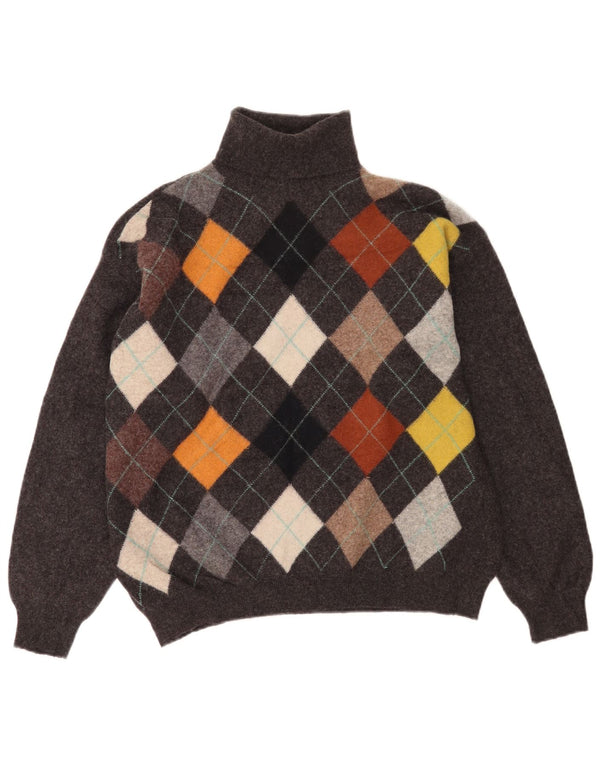 Maglione da uomo a collo alto Benetton IT 52 Large Grey Argyle/Diamond Wool