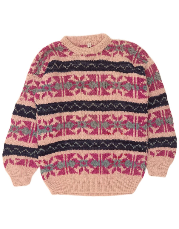 Maglione maglione girocollo da donna vintage UK 16 grande lana Fair Isle rosa