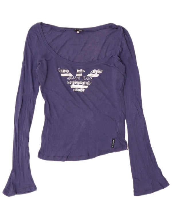 Armani Jeans Donna Crop Graphic Top Manica Lunga UK 14 Cotone Blu Medio