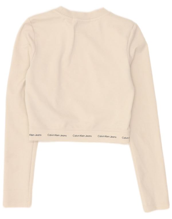 Calvin Klein Jeans da donna Crop Graphic Top manica lunga UK 6 XS Bianco