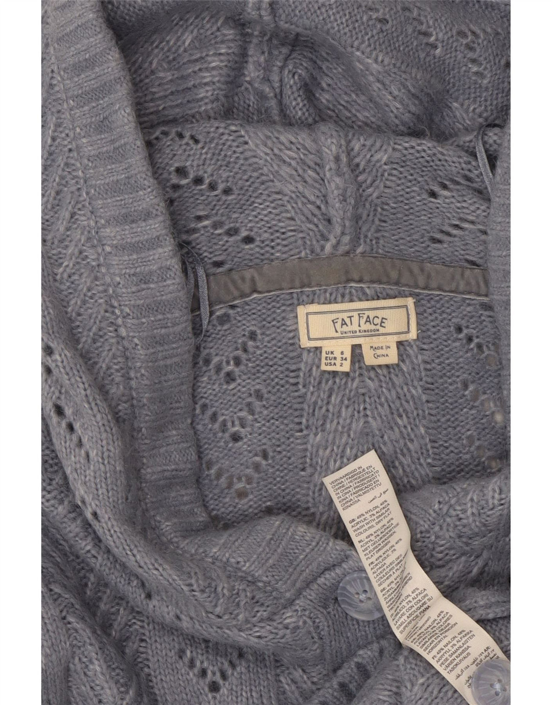 FAT FACE Maglione cardigan con cappuccio oversize da donna UK 6 XS Nylon blu