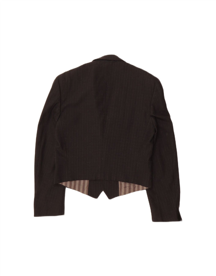 VINTAGE Womens Crop 1 Button Blazer Jacket UK 14 Medium Black Pinstripe