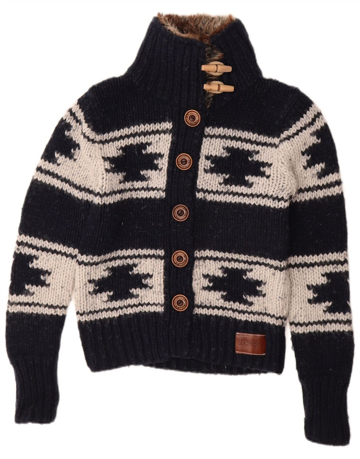 Maglione cardigan da donna Superdry UK 14 Lana geometrica blu navy grande