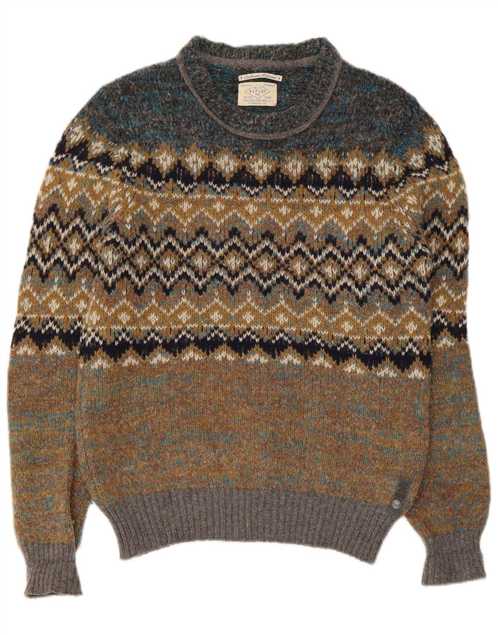 Replay Maglione da uomo girocollo in lana Fair Isle verde piccolo