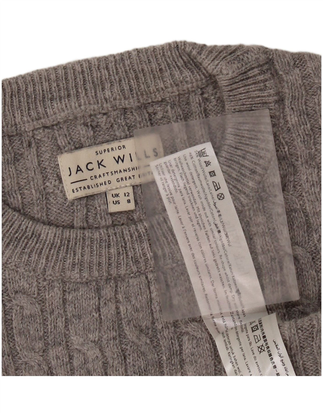 JACK WILLS Maglione corto girocollo da donna UK 12 Lana grigio medio