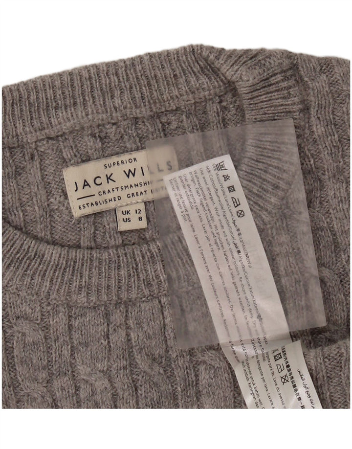 JACK WILLS Maglione corto girocollo da donna UK 12 Lana grigio medio