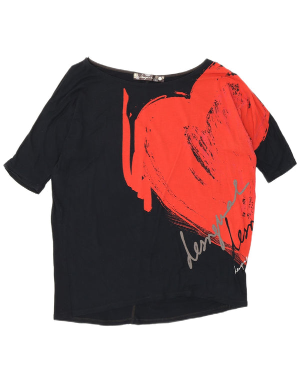 Desigual Donna Loose Fit Graphic Top Manica 3/4 UK 14 Medio Nero Cotone