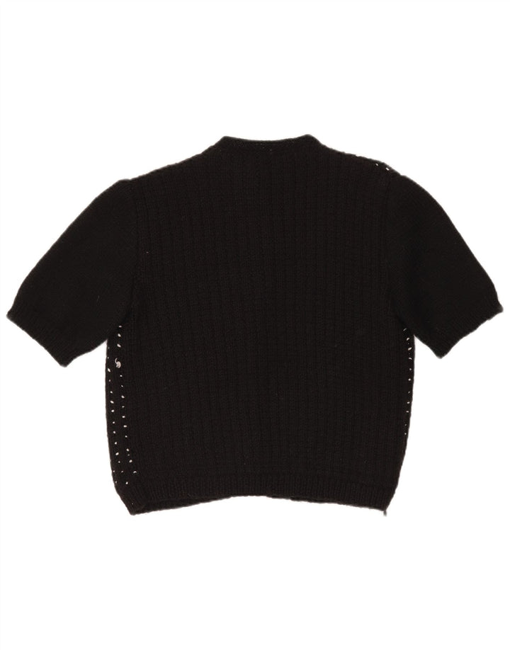 Maglione cardigan corto da donna VINTAGE UK 14 grande nero maculato