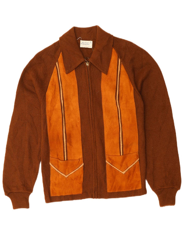 Maglione cardigan da donna VINTAGE UK 10 piccolo acrilico color block marrone