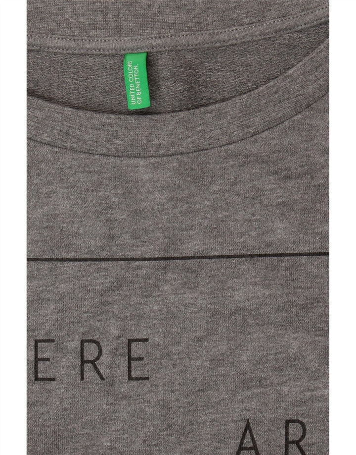 BENETTON Womens Longline Graphic Sweatshirt Jumper UK 16 Large Grey Vintage Benetton and Second-Hand Benetton from Messina Hembry 