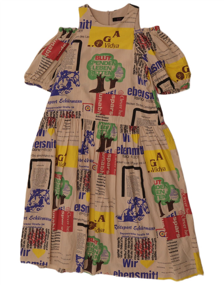 Abito vintage da donna con spalle scoperte con grafica UK 14 Beige medio