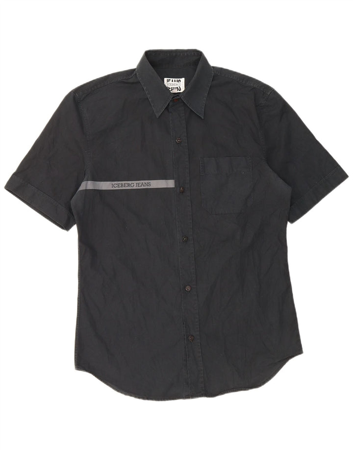 Camicia a maniche corte slim fit da uomo Iceberg Large in cotone nero