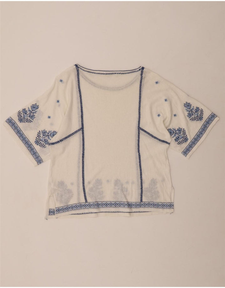 MONSOON Camicetta da donna Top UK 16 Grande lino floreale bianco sporco