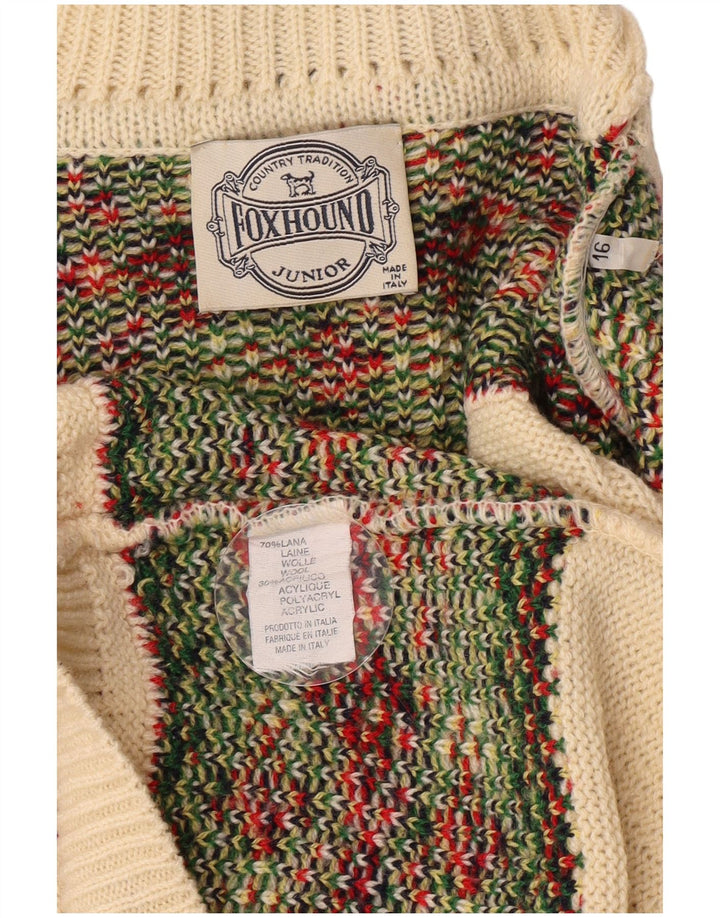 Maglione maglione collo alto Foxhound per ragazzi 15-16 anni in lana Fair Isle bianco sporco