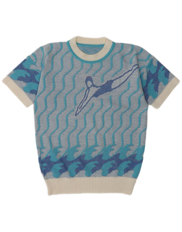 Maglione maglione girocollo con grafica vintage da donna UK 14 Blu medio