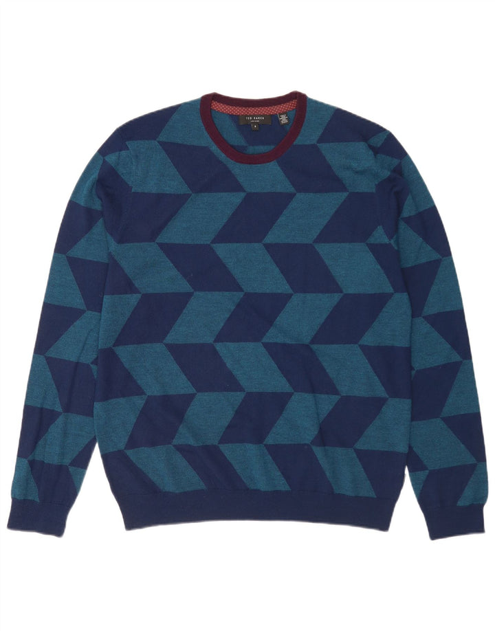 Maglione maglione girocollo da uomo Ted Baker taglia 5 XL lana geometrica blu