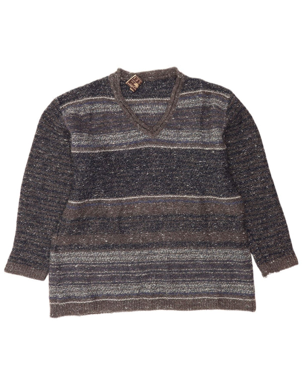 Maglione vintage da uomo con scollo a V grigio medio a righe