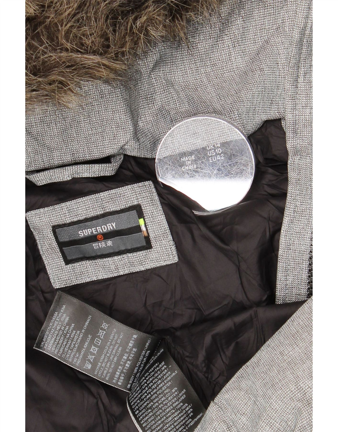 Giacca imbottita con cappuccio da donna SUPERDRY UK 14 grande poliestere grigio