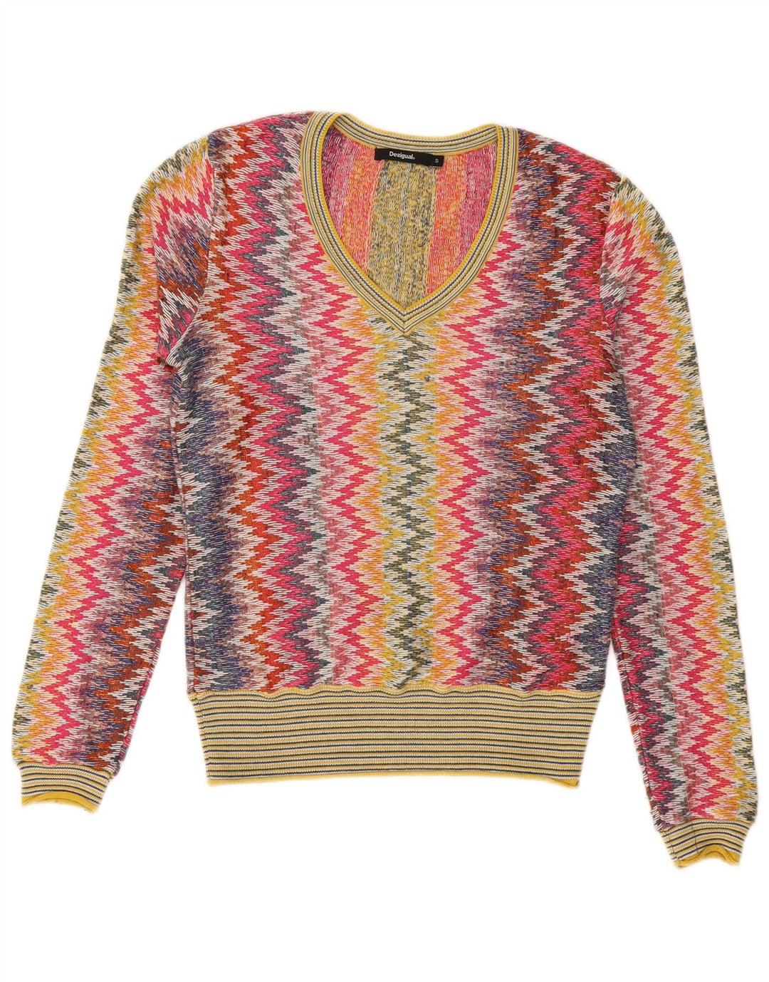 DESIGUAL Donna Maglione con scollo a V Maglione UK 10 Piccolo Chevron multicolore