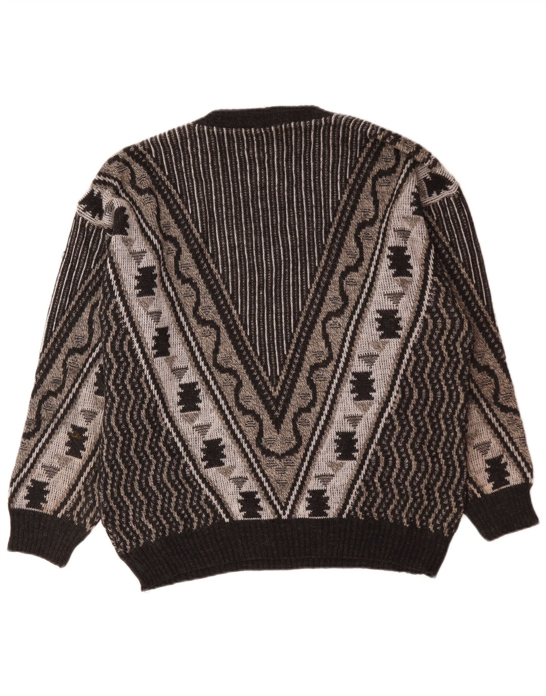 Maglione vintage da uomo con scollo a V grande grigio geometrico