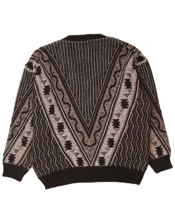 Maglione vintage da uomo con scollo a V grande grigio geometrico