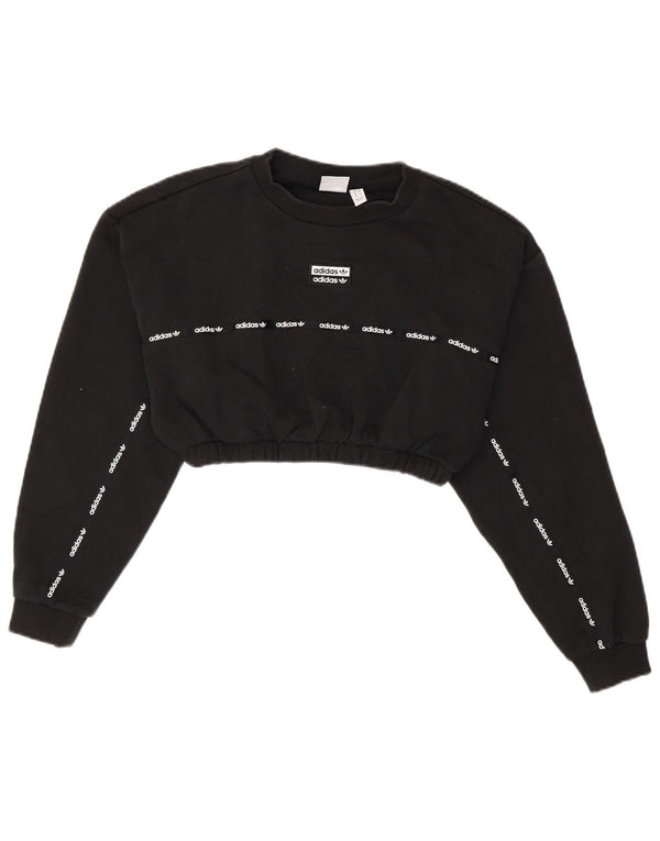 Felpa corta da donna con grafica Adidas, maglione UK 8, piccola, cotone nero