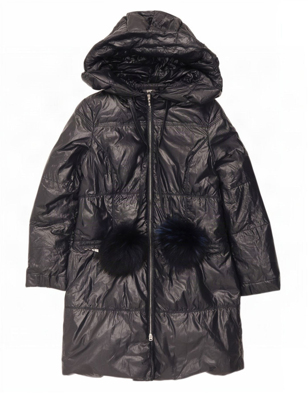 Cappotto imbottito con cappuccio da donna vintage IT 40 piccolo in poliestere blu navy