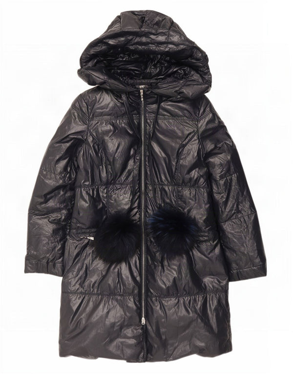 Cappotto imbottito con cappuccio da donna vintage IT 40 piccolo in poliestere blu navy