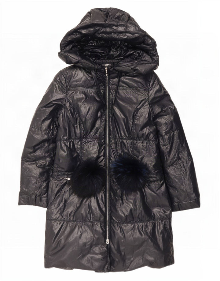 Cappotto imbottito con cappuccio da donna vintage IT 40 piccolo in poliestere blu navy