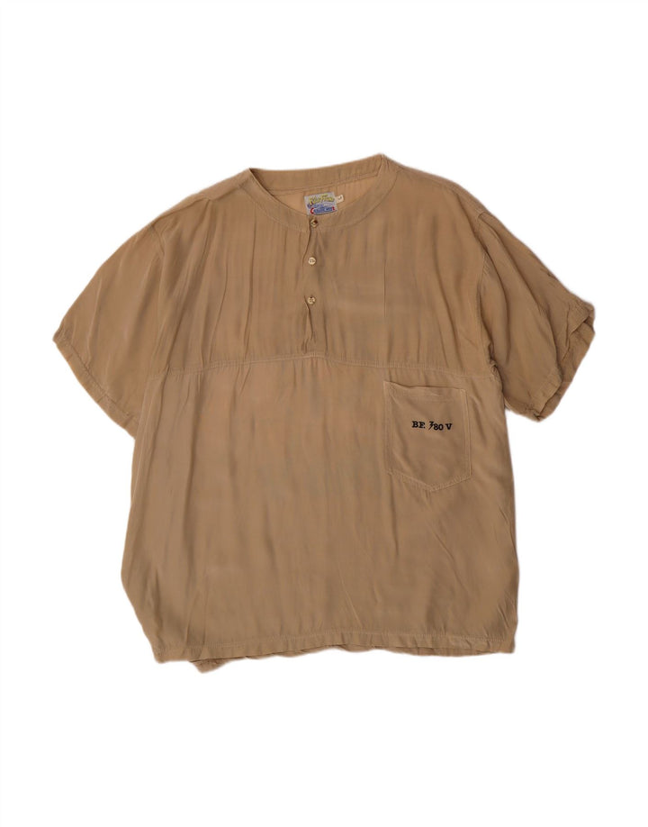 BLUE FLAME Mens Graphic Short Sleeve Pullover Shirt Large Beige Viscose