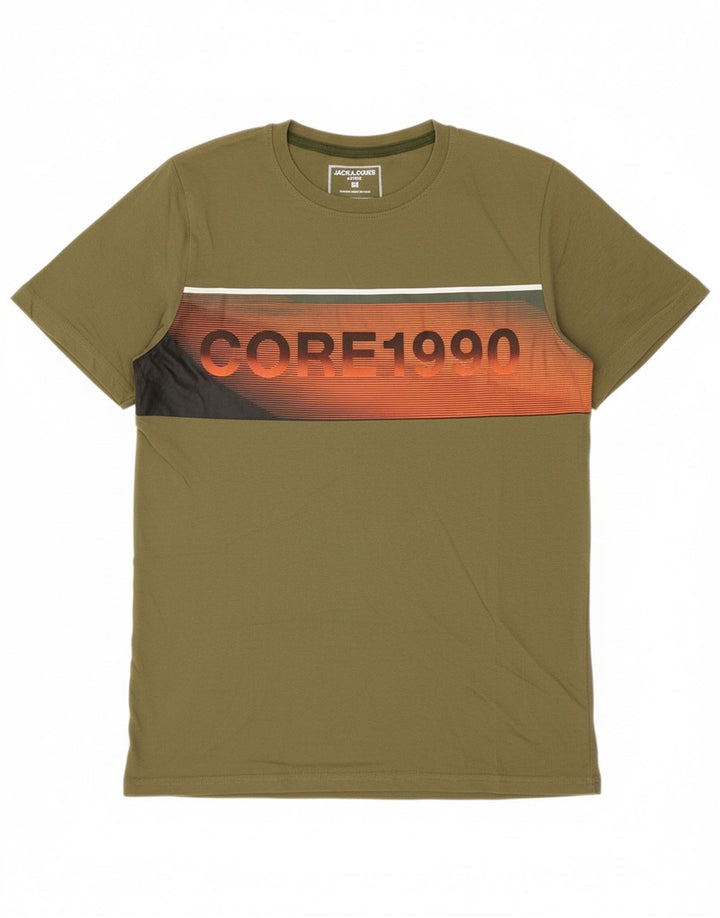JACK & JONES Mens Core Graphic T-Shirt Top Medium Khaki Pinstripe Cotton
