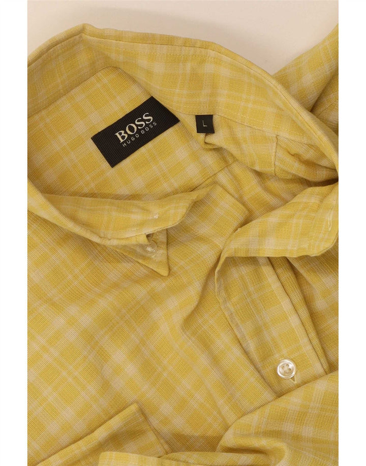 Camicia a maniche corte da uomo Hugo Boss in cotone a quadri gialli grandi
