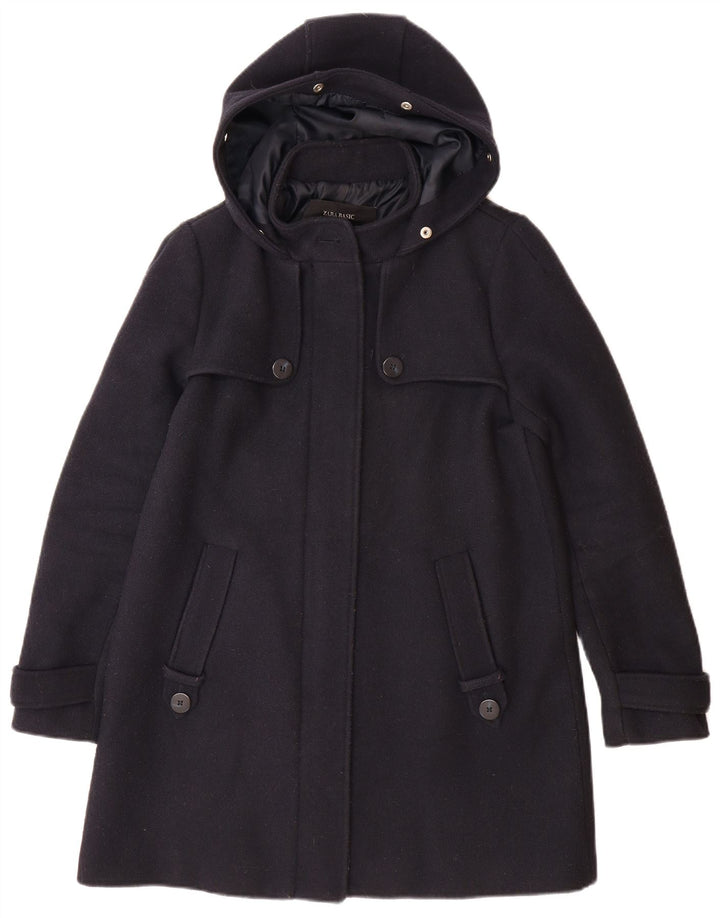 ZARA Womens Hooded Overcoat UK 10 Small Navy Blue Acrylic