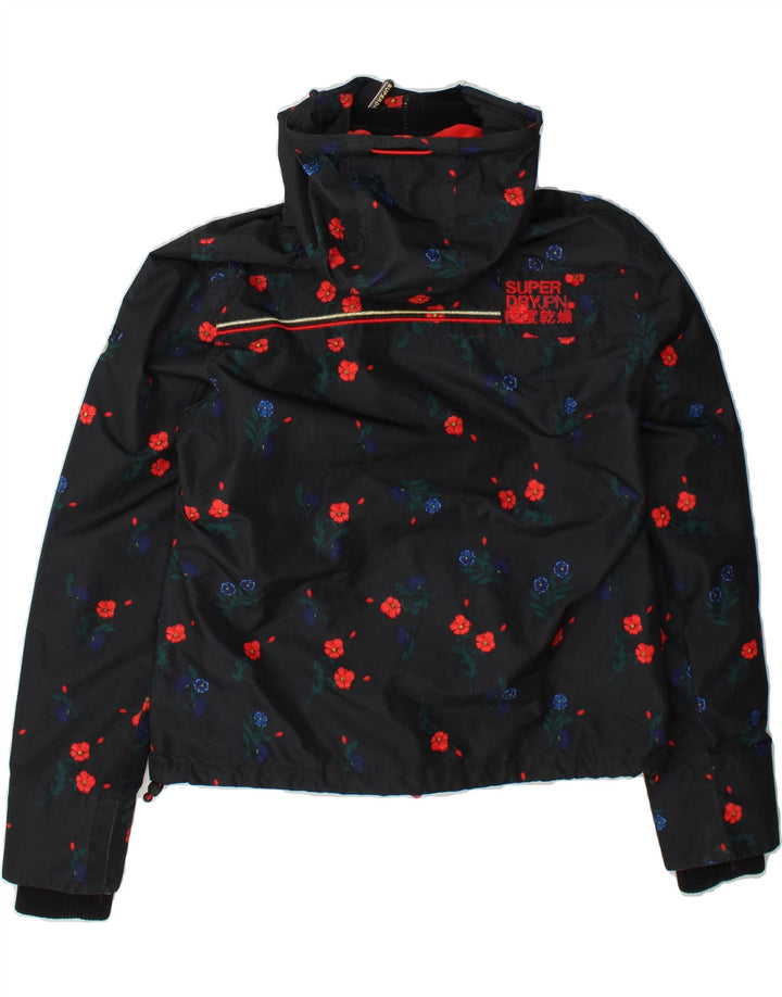 SUPERDRY Womens Hooded Windbreaker Jacket UK 12 Medium Black Floral Vintage Superdry and Second-Hand Superdry from Messina Hembry 