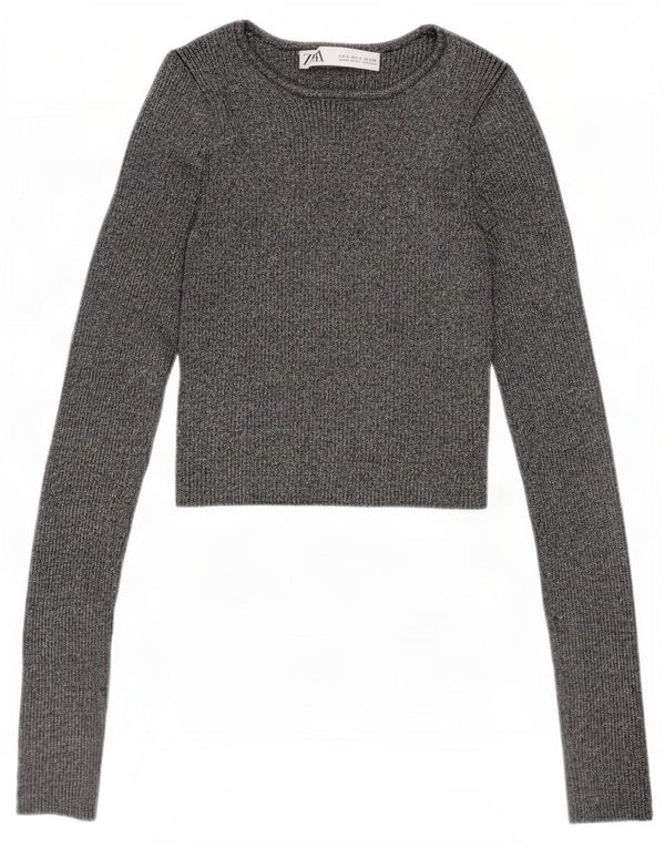 Top corto in camicetta corta da donna Zara UK 8 piccolo in viscosa chiazzata argento