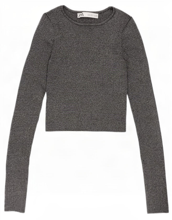 Top corto in camicetta corta da donna Zara UK 8 piccolo in viscosa chiazzata argento