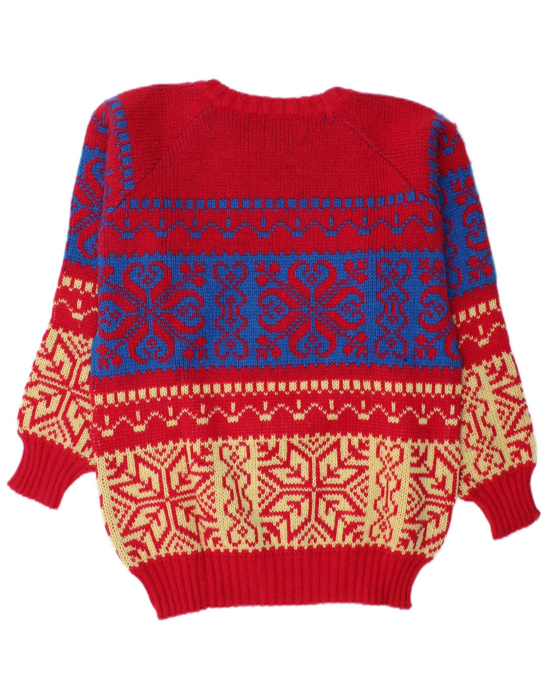 Maglione vintage da uomo con scollo a barca, rosso medio, Fair Isle