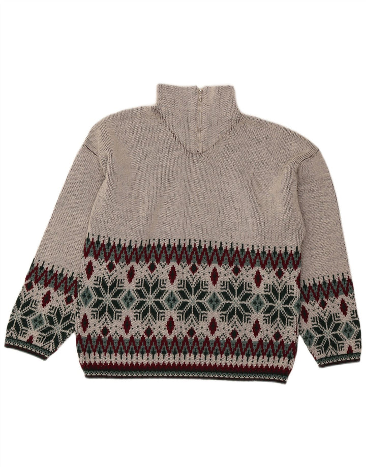 Maglione vintage da uomo con zip e collo grigio medio Fair Isle