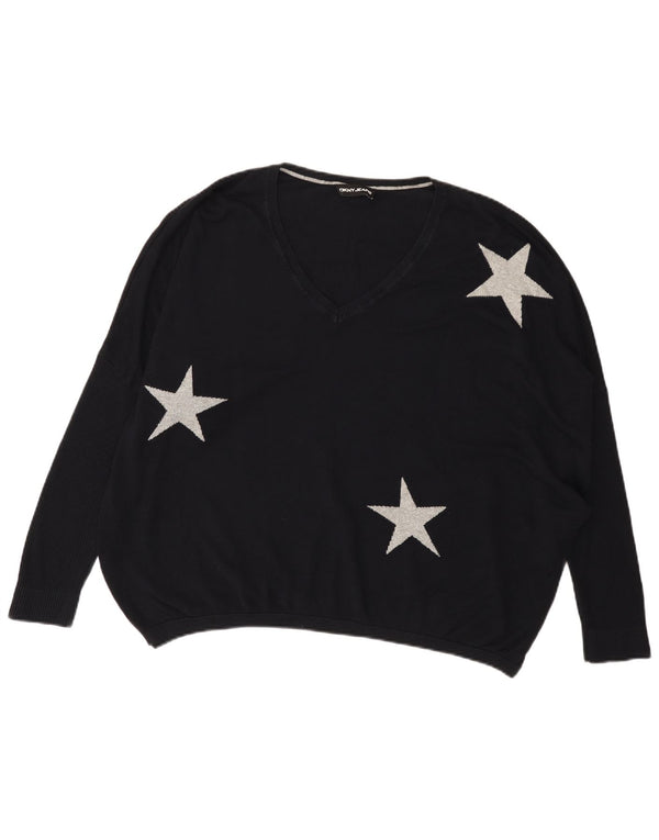 Dkny Womens Graphic Oversized V-Neck Jumper Sweater UK 14 Large Black