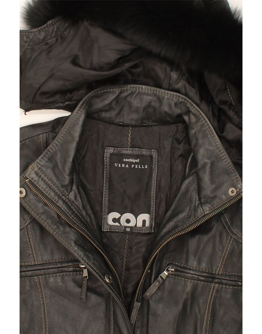 CONBIPEL Womens Hooded Leather Jacket IT 48 XL Black Leather Vintage Conbipel and Second-Hand Conbipel from Messina Hembry 