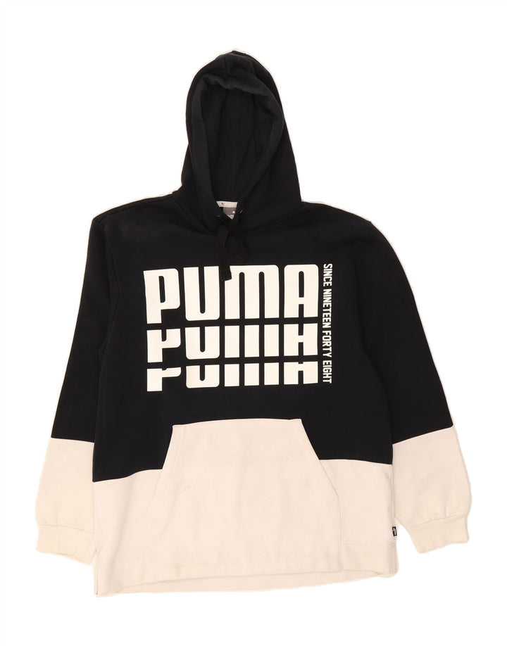 PUMA Mens Graphic Hoodie Jumper Medium Black Colourblock Cotton Vintage Puma and Second-Hand Puma from Messina Hembry 