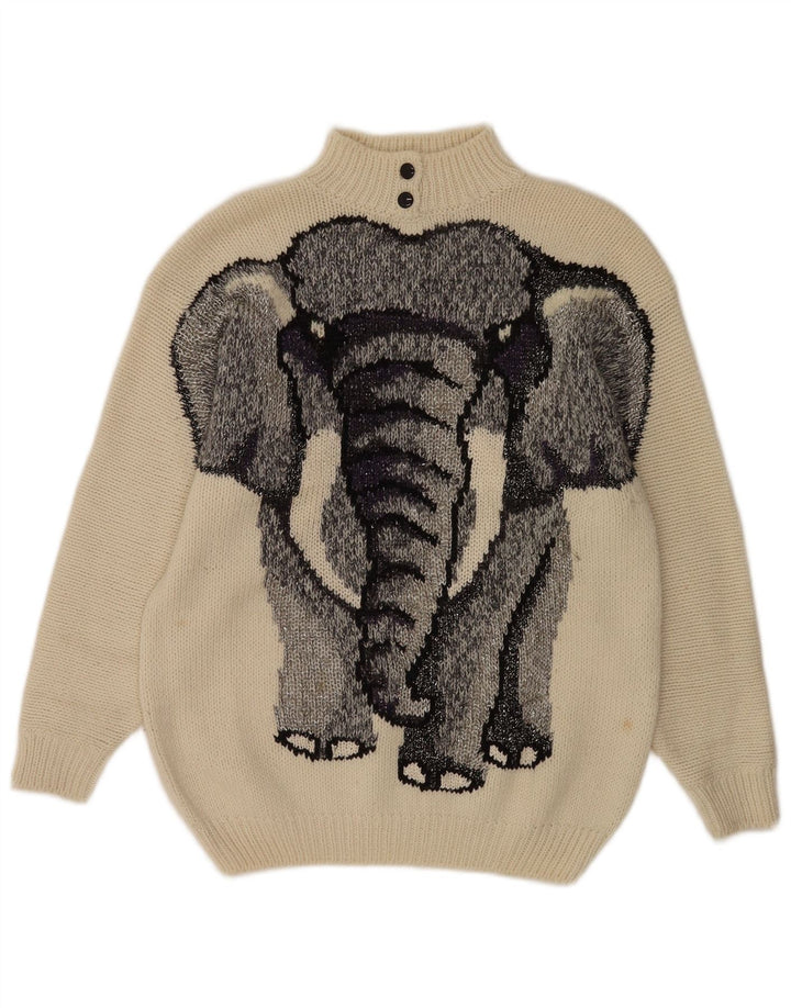 Maglione maglione vintage da donna con collo a bottoni UK 16 grande bianco sporco