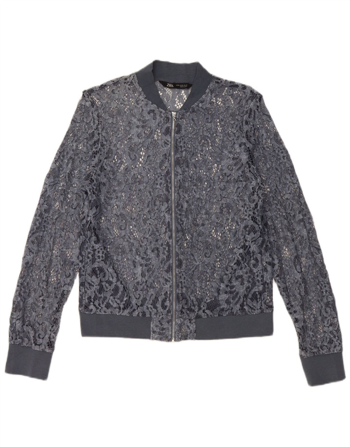 Top cardigan trasparente corto da donna Zara UK 12 blu medio floreale