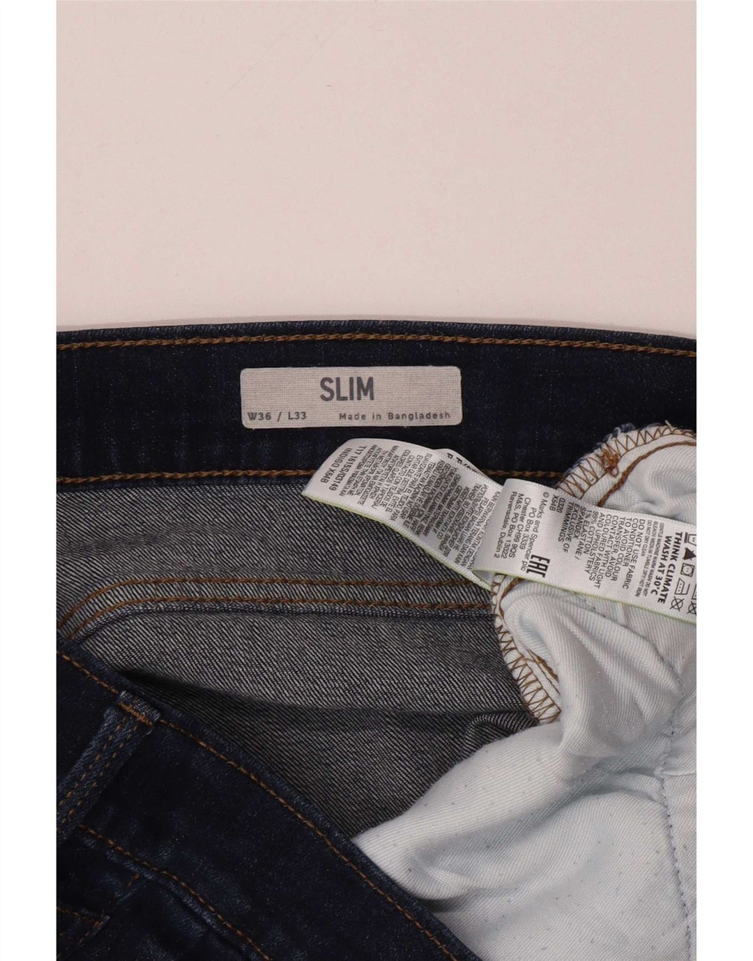 Jeans slim da uomo Marks & Spencer W36 L33 cotone blu navy