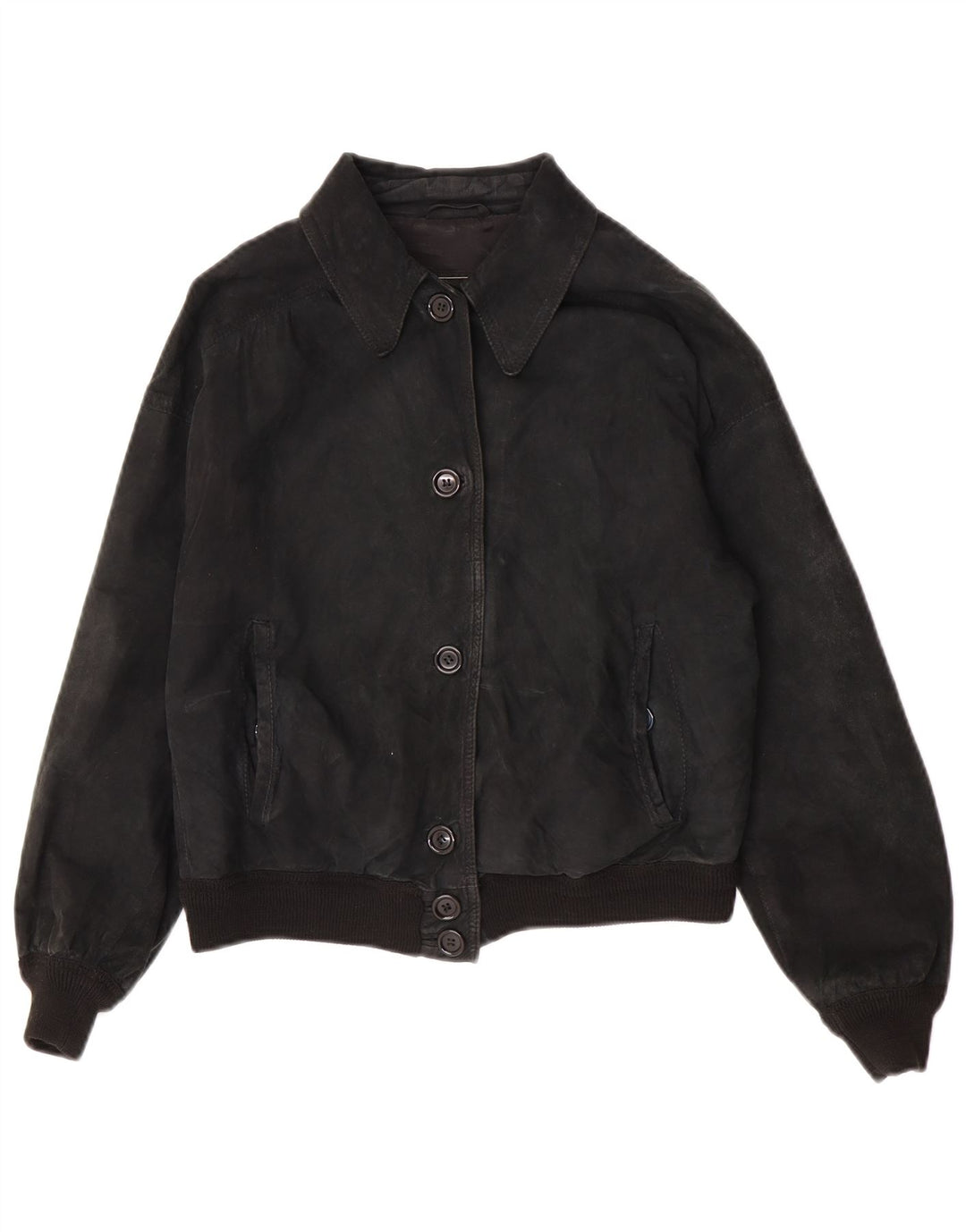 Giacca vintage in pelle scamosciata corta da donna UK 14 media nera