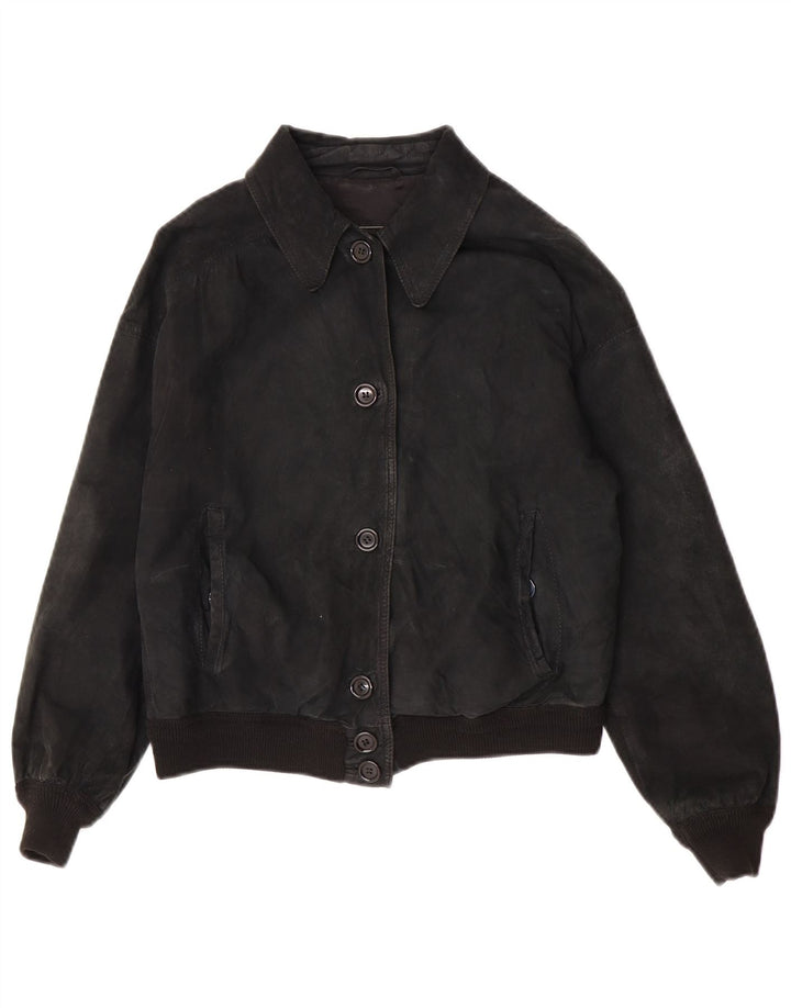 Giacca vintage in pelle scamosciata corta da donna UK 14 media nera