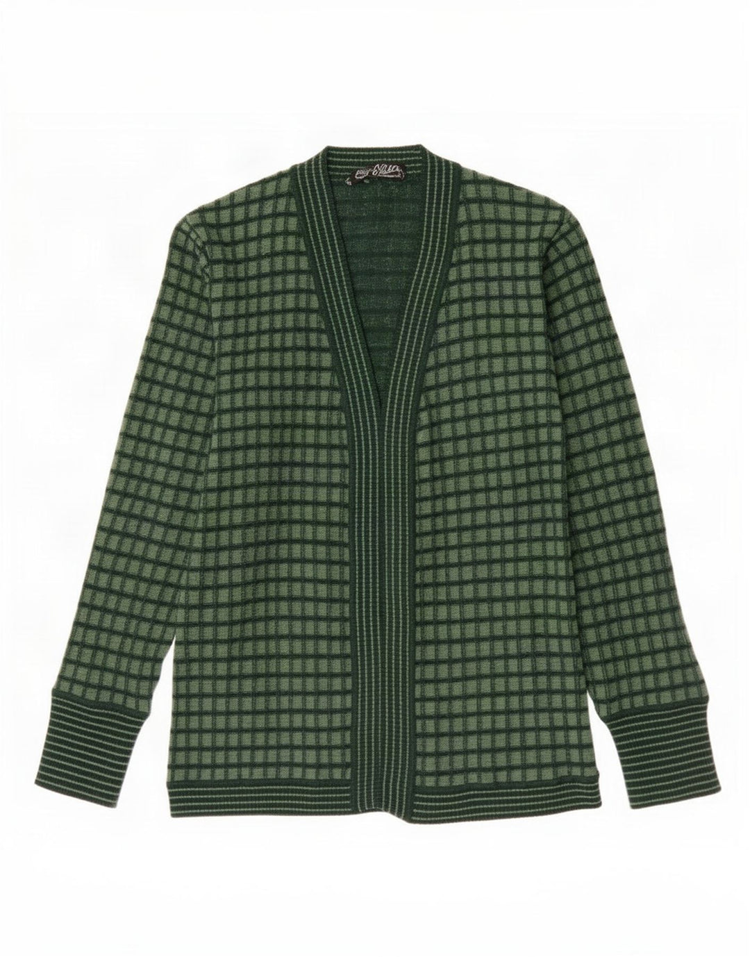 Maglione cardigan aperto da donna vintage IT 44 verde medio a quadri