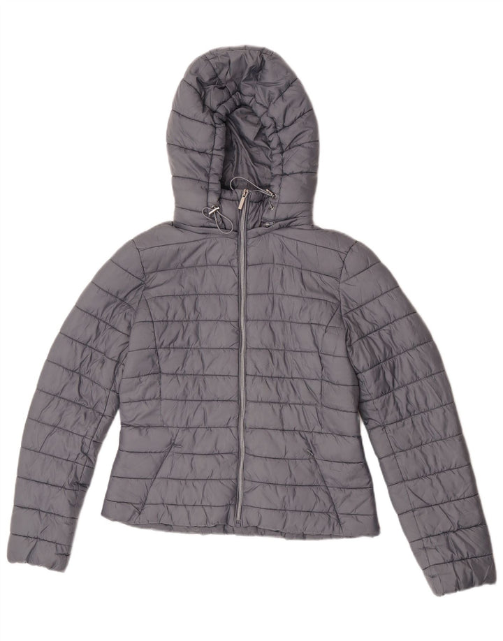 Giacca imbottita con cappuccio da donna Zara UK 14 grande poliestere grigio