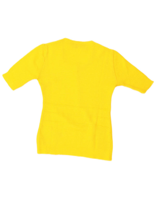 Maglione maglione vintage da donna con scollo a barca UK 12 giallo medio floreale