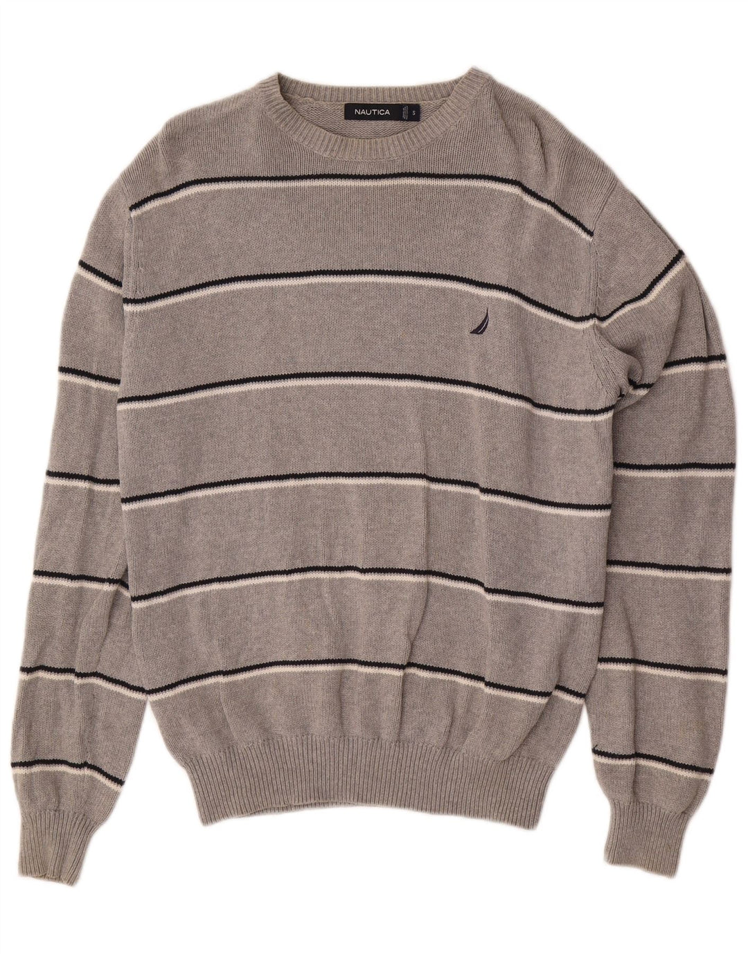 NAUTICA Mens Crew Neck Jumper Sweater Small Grey Striped Cotton